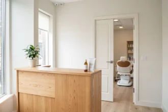 Accueil lumineux d'un institut de beauté avec cabine de soin en arrière-plan