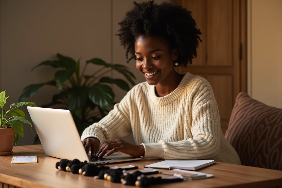 Femme faisant ses achats de mèches afro en ligne depuis son bureau à domicile