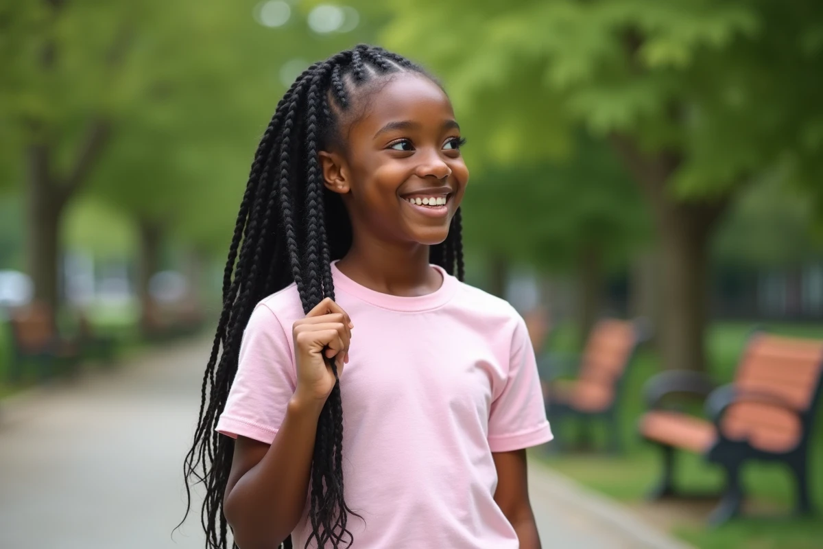 Adolescente noire souriante dans un parc urbain