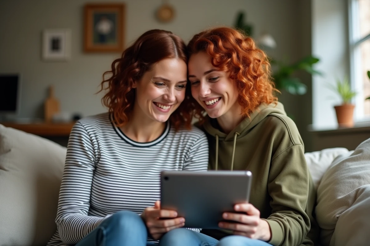 Deux amies utilisant ensemble une application de simulation de coupe de cheveux sur tablette