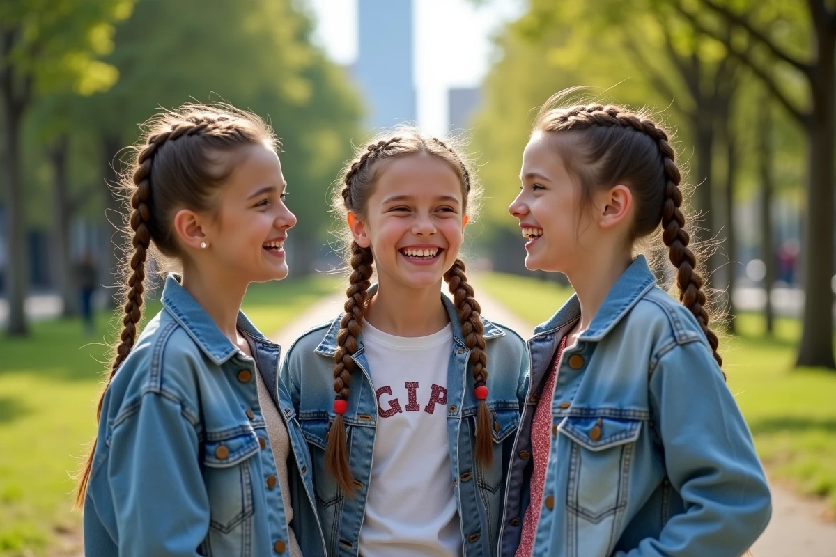 Trois adolescents avec coiffures tressees dans un parc urbain