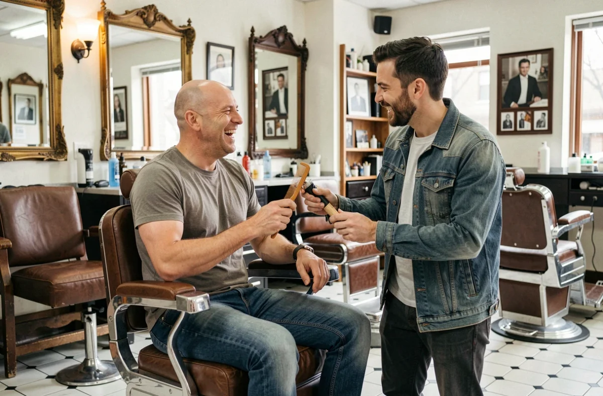 Deux amis riant dans un salon de coiffure rétro, l'un offrant un peigne humoristique à son ami chauve assis dans un fauteuil de barbier