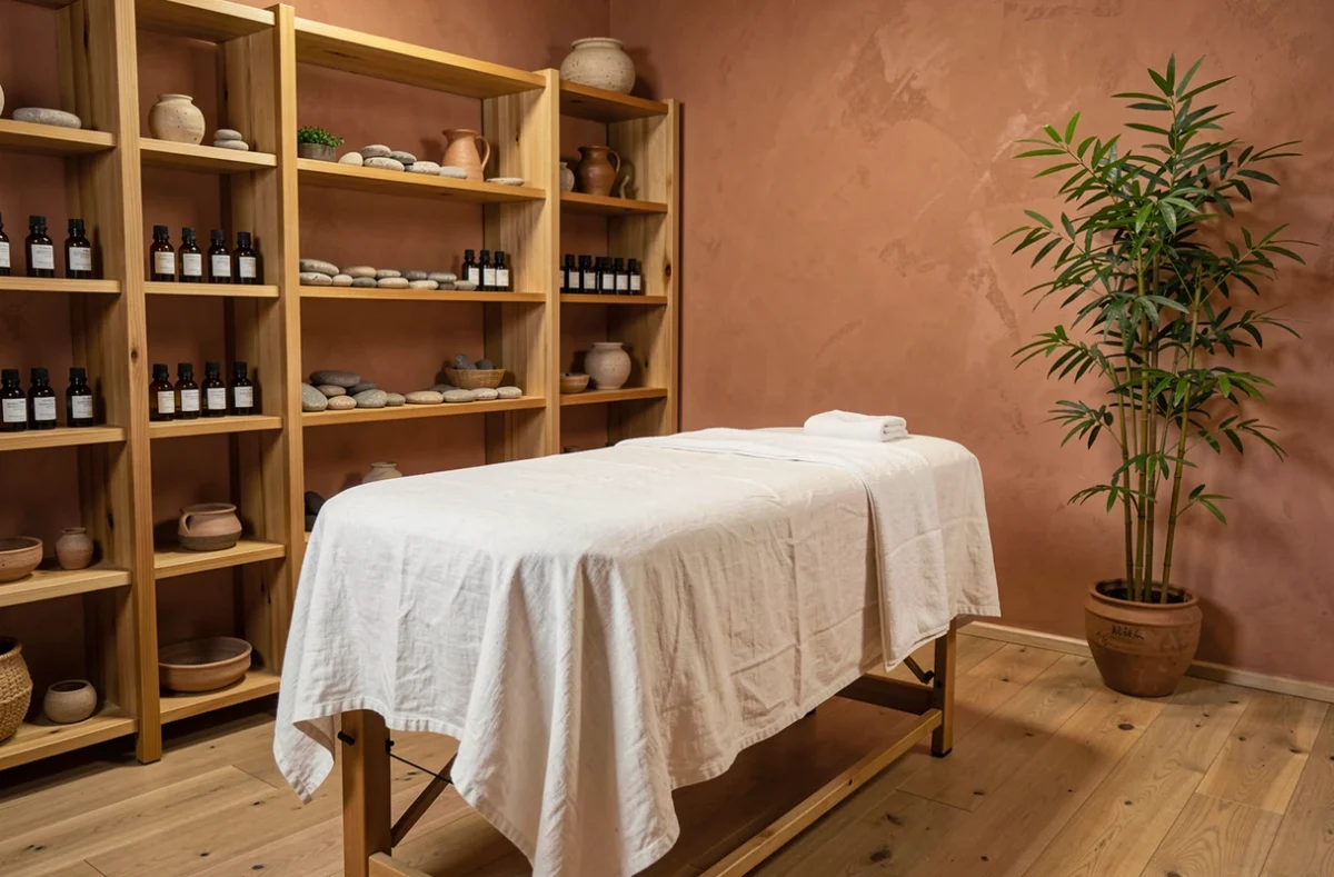 Salle de soin bien-être d'un institut généraliste à Épron, avec table de massage et ambiance naturelle apaisante