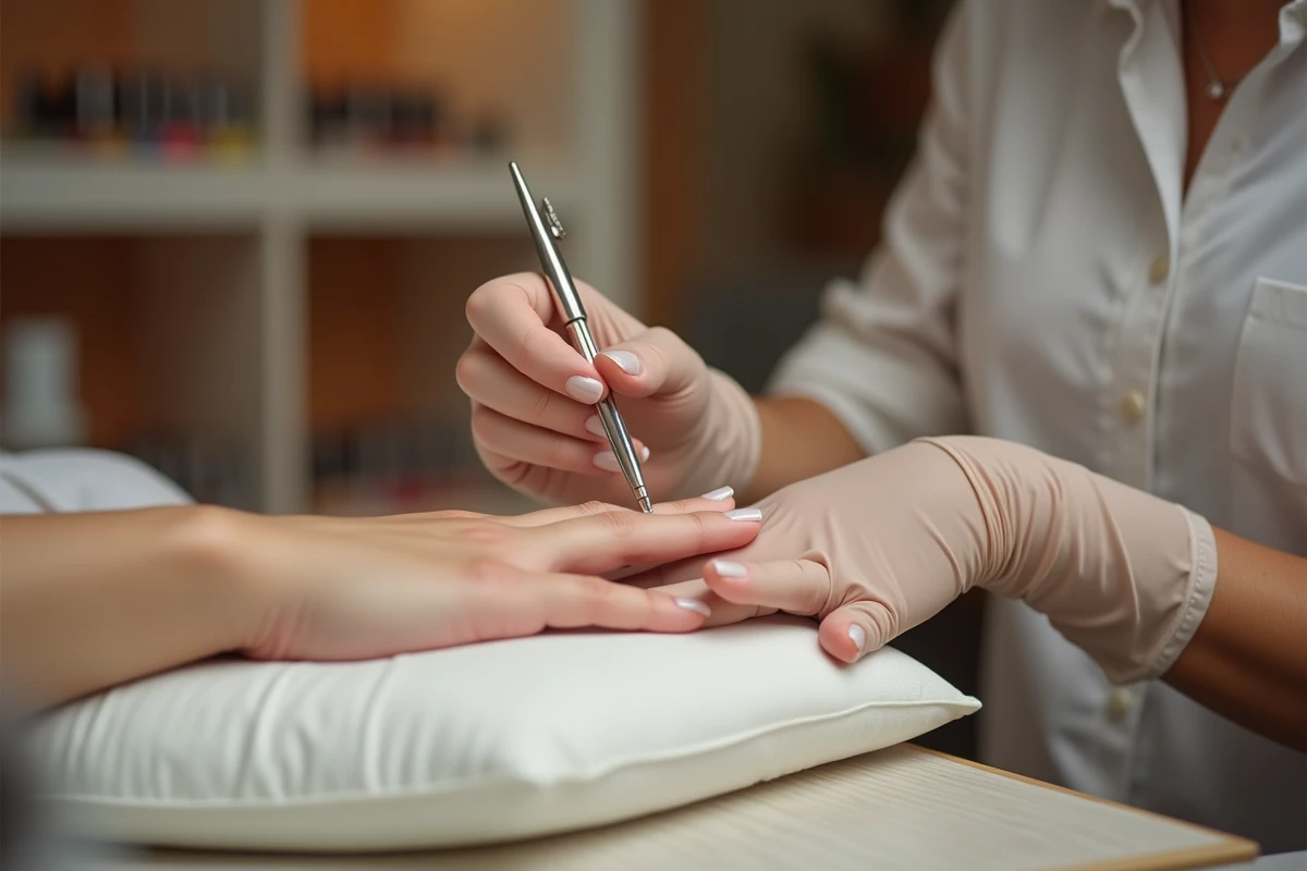 Technicienne en onglerie appliquant un top coat gel sur des ongles courts dans un salon de manucure, technique anti-décollement