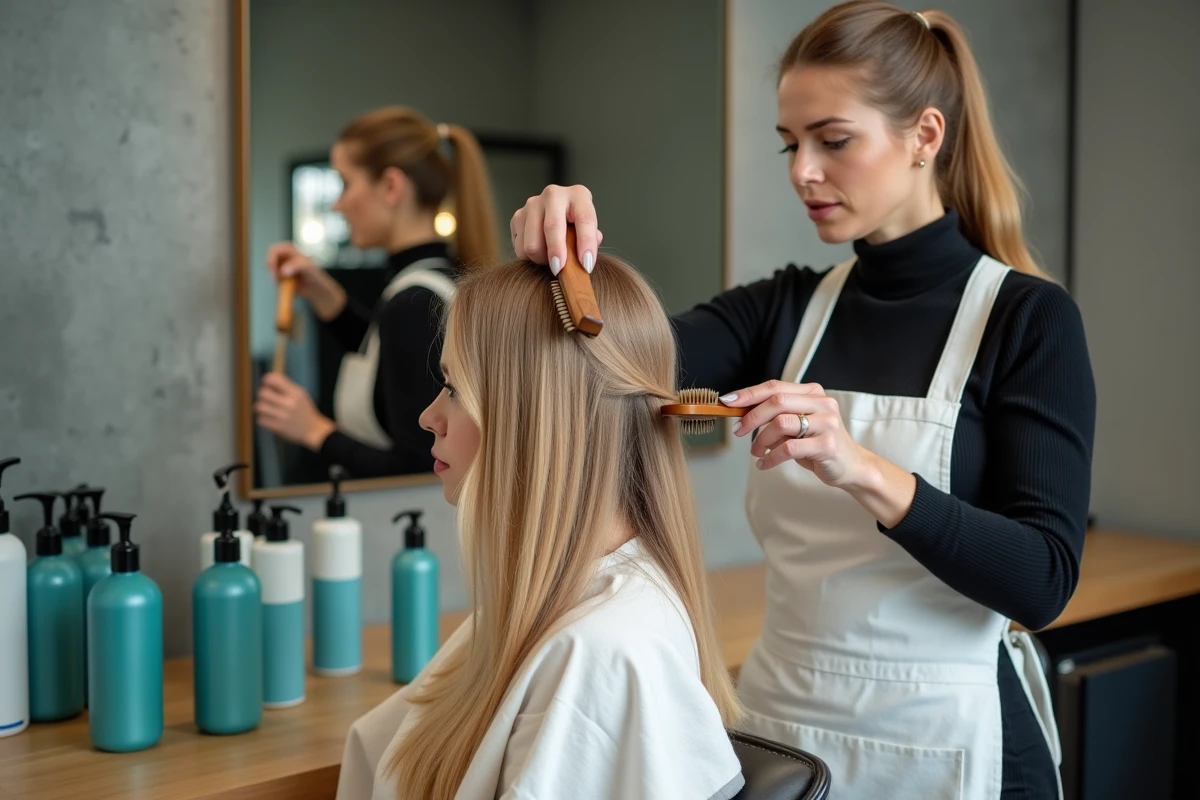 Coiffeuse professionnelle appliquant une patine sans ammoniaque sur des cheveux blonds dans un salon studio