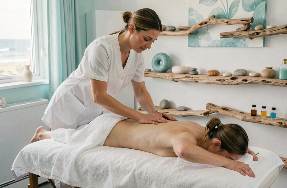 Massage relaxant dans un institut de soins et bien-être à Dives-sur-Mer en Normandie