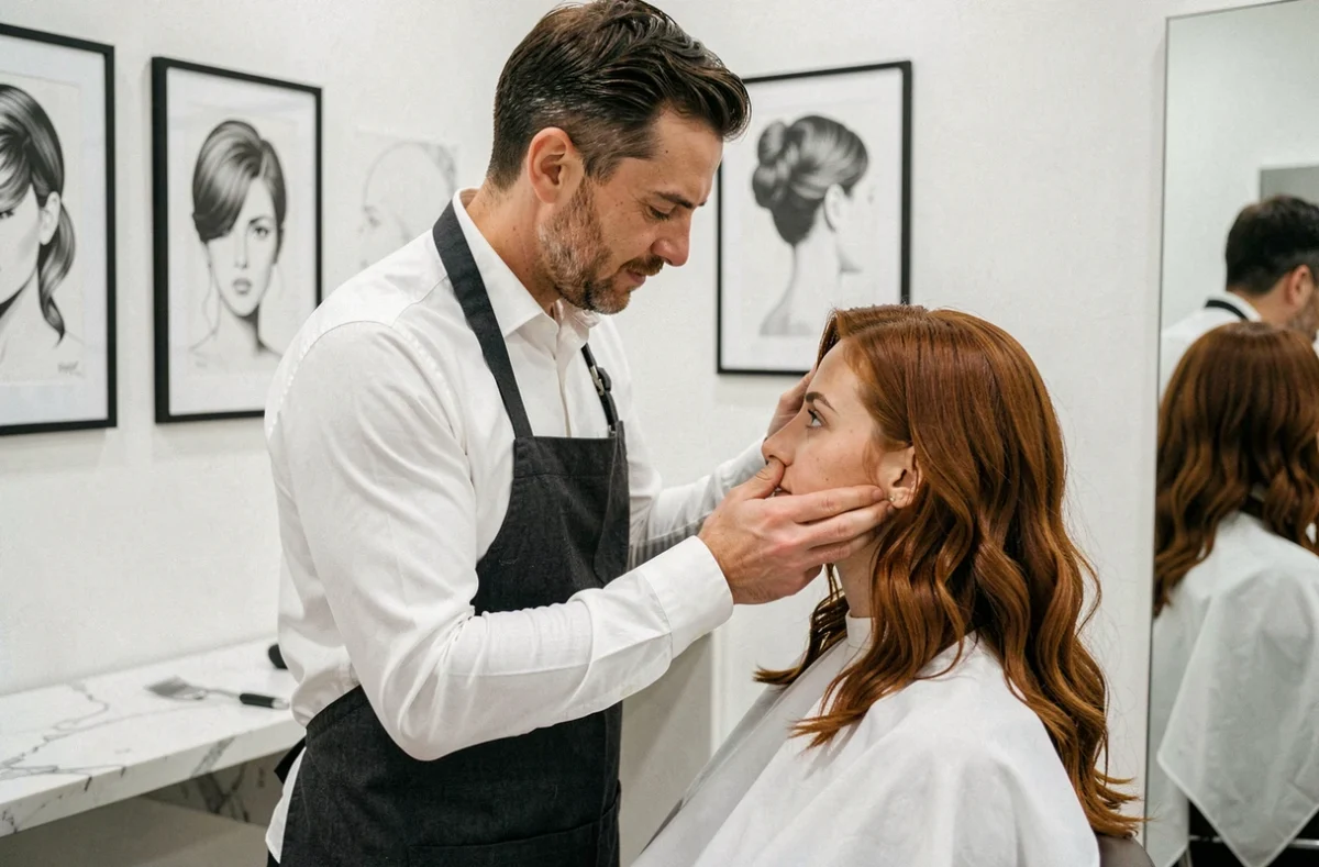 Coiffeur visagiste Arold analysant la morphologie de visage d'une cliente à Clermont-Ferrand