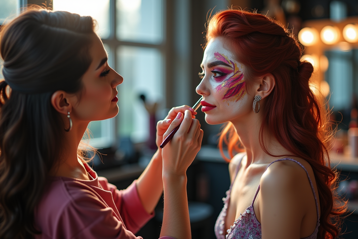 Artiste maquillant un modèle dans un studio lumineux