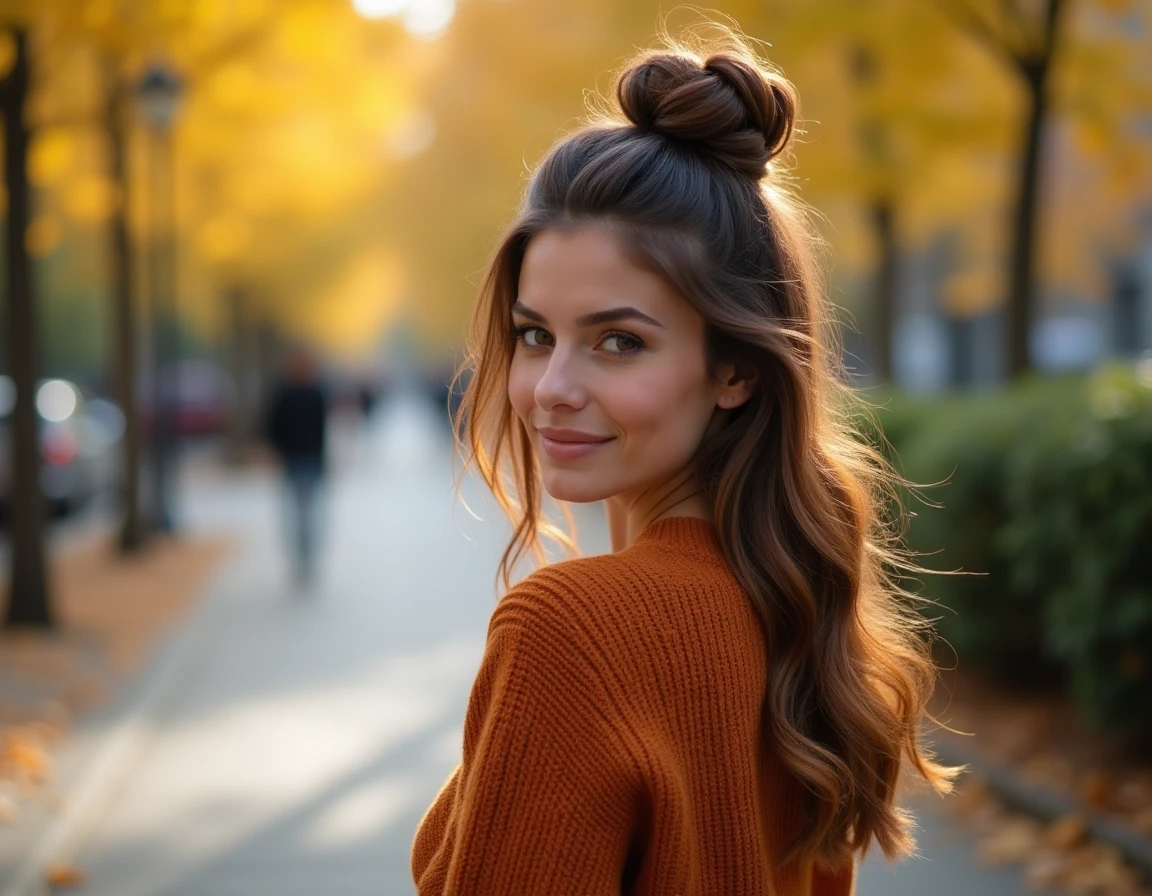 Femme brune avec balayage caramel miel en extérieur en automne, cheveux mi-longs