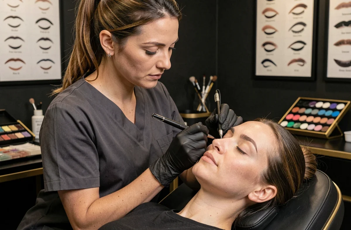 Artiste maquillage permanent au travail dans un bar à sourcils spécialisé en semi-pigmentation à Caen