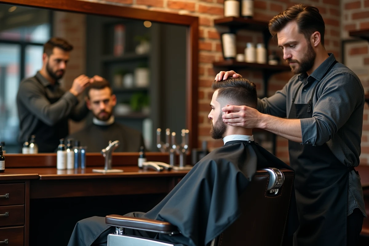Coiffeur barbier appliquant de la cire mate sur les cheveux courts d'un client dans un salon de coiffure vintage