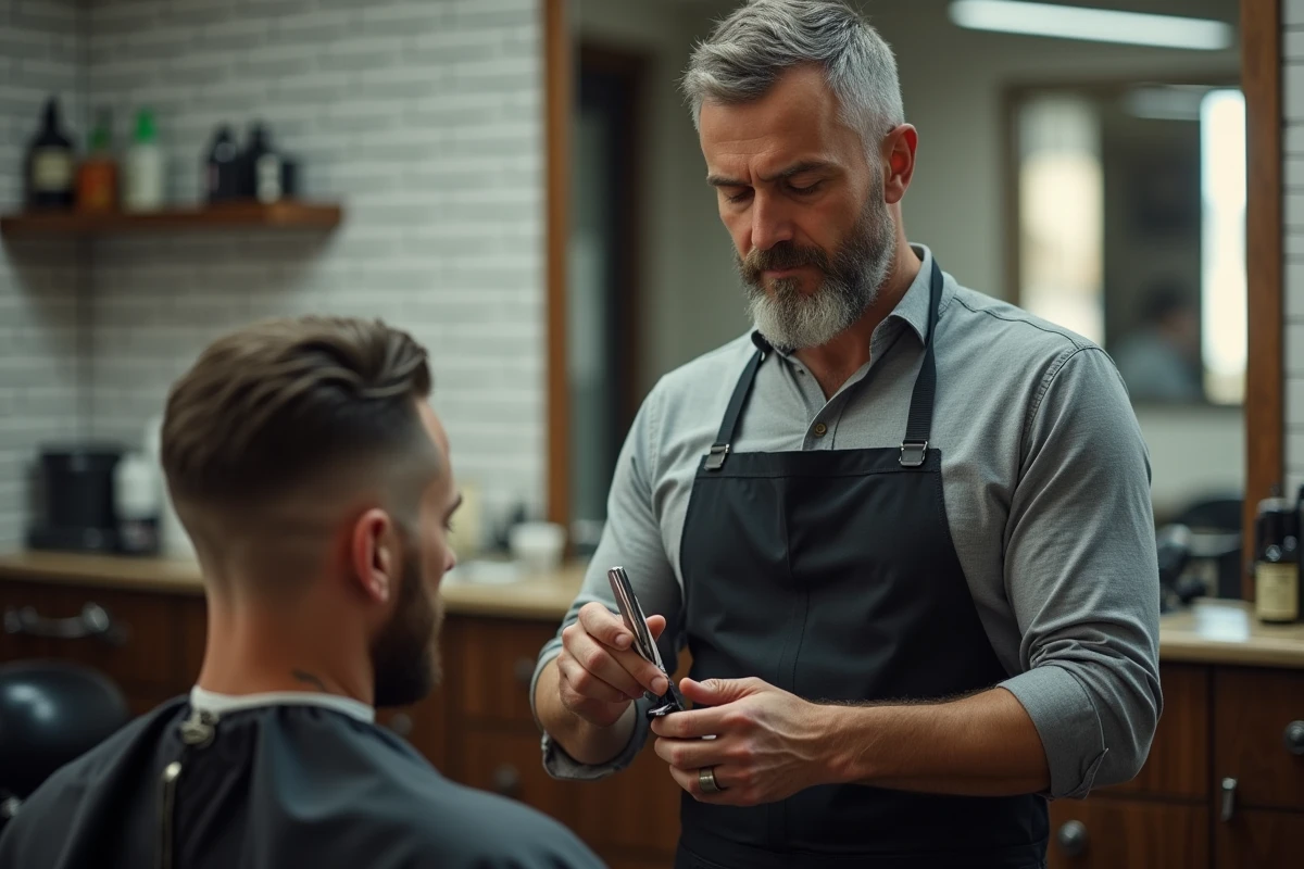 Barbier professionnel finissant une coupe fade taper basse avec un rasoir droit, vue large du poste de travail dans un barbershop contemporain