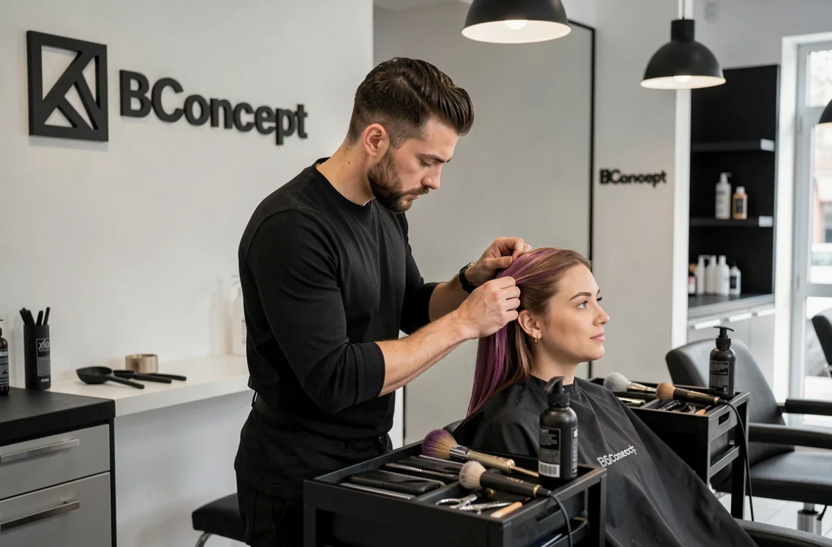 Coiffeur masculin appliquant une coloration dans le salon moderne BConcept avec décor minimaliste noir et blanc