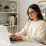 Jeune femme blogueuse construisant son identité de marque personnelle devant un bureau minimaliste avec moodboard