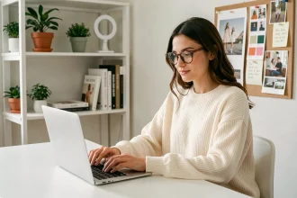 Jeune femme blogueuse construisant son identité de marque personnelle devant un bureau minimaliste avec moodboard