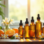 Sélection de bouteilles d huiles essentielles sur une table en bois avec fleurs et agrumes
