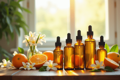 Sélection de bouteilles d huiles essentielles sur une table en bois avec fleurs et agrumes