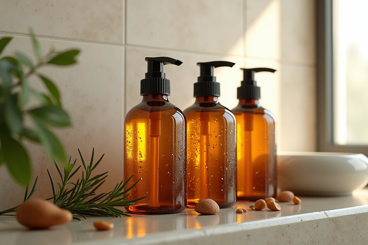 Bouteilles de shampoing naturel sans silicone sans sulfate posées sur une étagère en pierre avec des ingrédients botaniques
