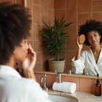Femme aux cheveux bouclés appliquant une brosse massante sur le cuir chevelu avec des huiles végétales sur une commode en marbre