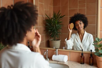 Femme aux cheveux bouclés appliquant une brosse massante sur le cuir chevelu avec des huiles végétales sur une commode en marbre