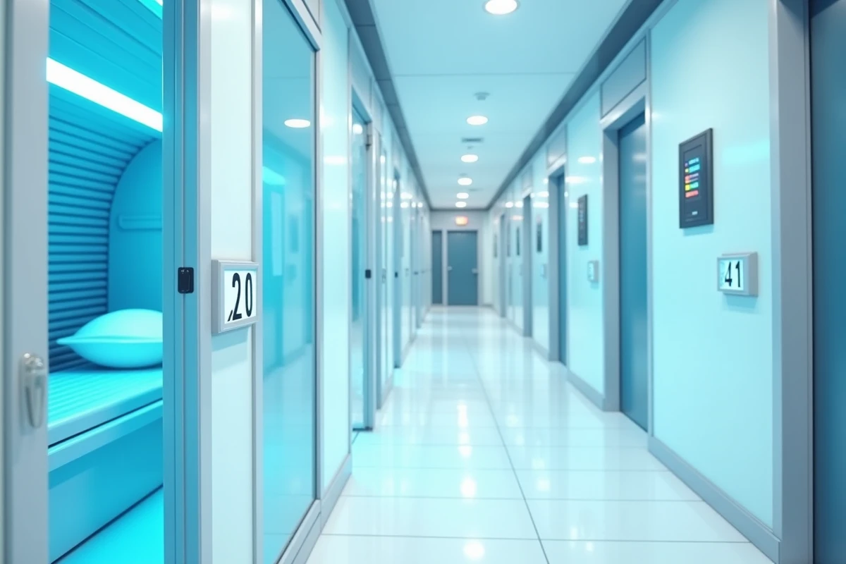 Couloir avec cabines de bronzage UV dans un centre de bronzage professionnel à Paris