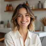 Femme aux cheveux carré mi-long dégradé dans un salon de coiffure minimaliste, mise en valeur de la coupe en dégradé structurée