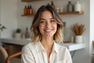 Femme aux cheveux carré mi-long dégradé dans un salon de coiffure minimaliste, mise en valeur de la coupe en dégradé structurée
