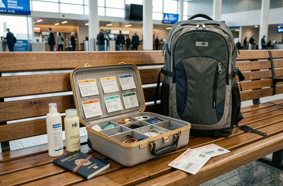 Case vanity à compartiments ouverte avec accessoires de voyage et passeport sur un banc d'aéroport en bois