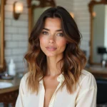 Femme brune aux reflets caramel miel sur cheveux foncés dans un salon de coiffure parisien