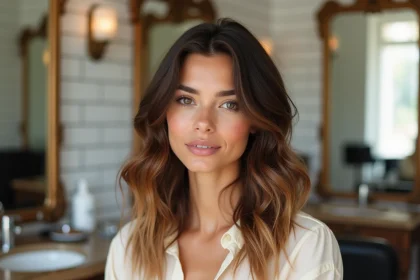 Femme brune aux reflets caramel miel sur cheveux foncés dans un salon de coiffure parisien