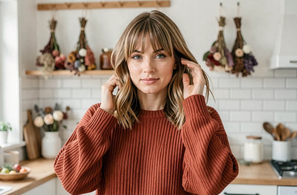 Femme aux cheveux mi-longs avec frange rideau et ondulations texturées dans une cuisine scandinave, coiffure dégradée bohème