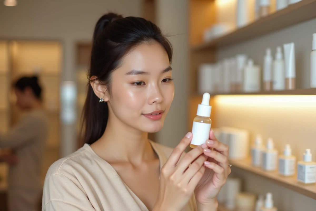 Jeune femme examinant un produit de soin Typology dans une boutique Sephora, tenant le flacon minimaliste dans sa main