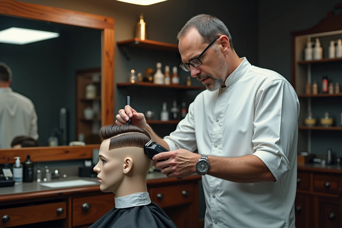 Coiffeur professionnel réalisant une démonstration de dégradé raie sur le côté sur une tête mannequin en salon