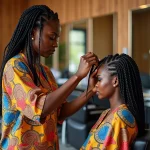 Coiffeuse africaine professionnelle tressant des cornrows sur une cliente dans un salon moderne bien équipé