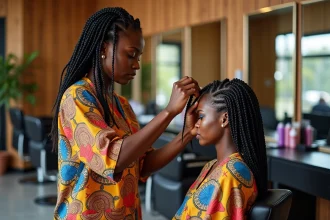 Coiffeuse africaine professionnelle tressant des cornrows sur une cliente dans un salon moderne bien équipé