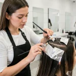 Coiffeuse appliquant du balayage sur cheveux bruns en salon avec papier aluminium et pinceau de mèches