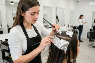 Coiffeuse appliquant du balayage sur cheveux bruns en salon avec papier aluminium et pinceau de mèches