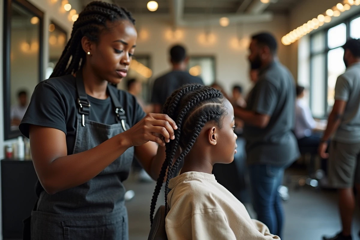 Coiffeuse africaine réalisant des tresses sur une jeune fille
