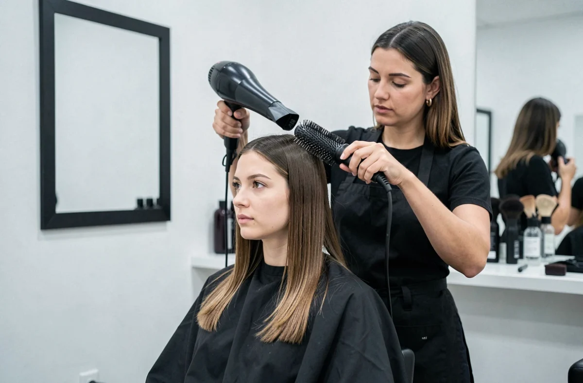 Coiffeuse professionnelle brushing les cheveux fins et plats d'une cliente dans un salon de coiffure minimaliste