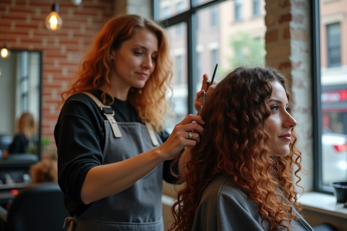 Coiffeuse réalisant une coupe shaggy sur cheveux bouclés longs roux dans un salon moderne