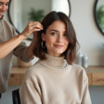 Femme avec coiffure asymetrique et highlights modernes