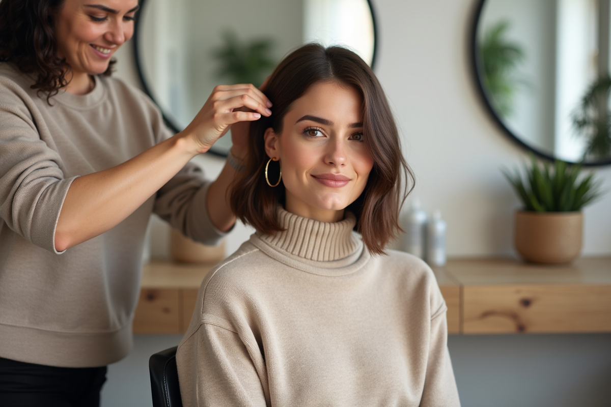 Femme avec coiffure asymetrique et highlights modernes