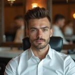 Homme aux cheveux fins coiffés en quiff texturé pour donner du volume, assis dans un fauteuil de barbier moderne