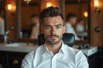 Homme aux cheveux fins coiffés en quiff texturé pour donner du volume, assis dans un fauteuil de barbier moderne