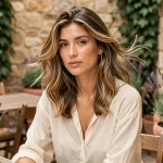 Femme aux cheveux mi-longs dégradés en vagues bohèmes assise à une terrasse de café en pierre, style bohème chic naturel