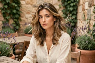 Femme aux cheveux mi-longs dégradés en vagues bohèmes assise à une terrasse de café en pierre, style bohème chic naturel