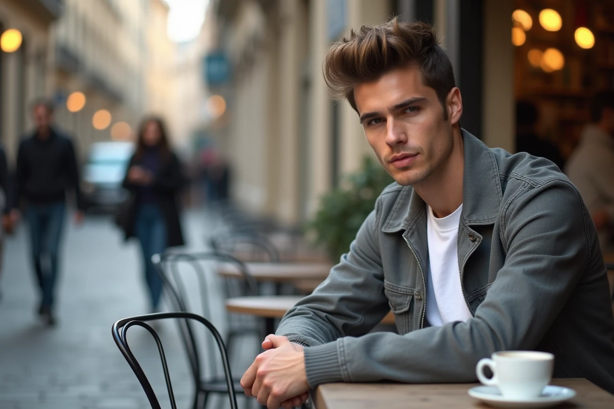 Jeune homme aux cheveux fins coiffés en crop texturé volumineux assis en terrasse de café dans un cadre urbain européen