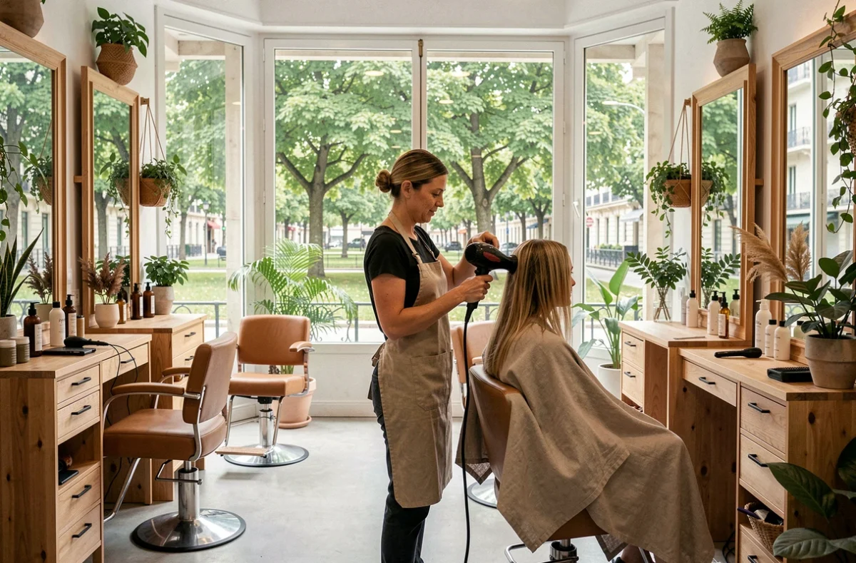 Salon Coiffure du Parc à Lyon avec vue sur la verdure et ambiance apaisante en bois naturel
