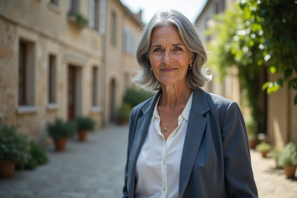 Femme de 70 ans arborant un carré mi-long avec mèches naturelles grises, photographiée dans un village français, coiffure adaptée au visage ovale