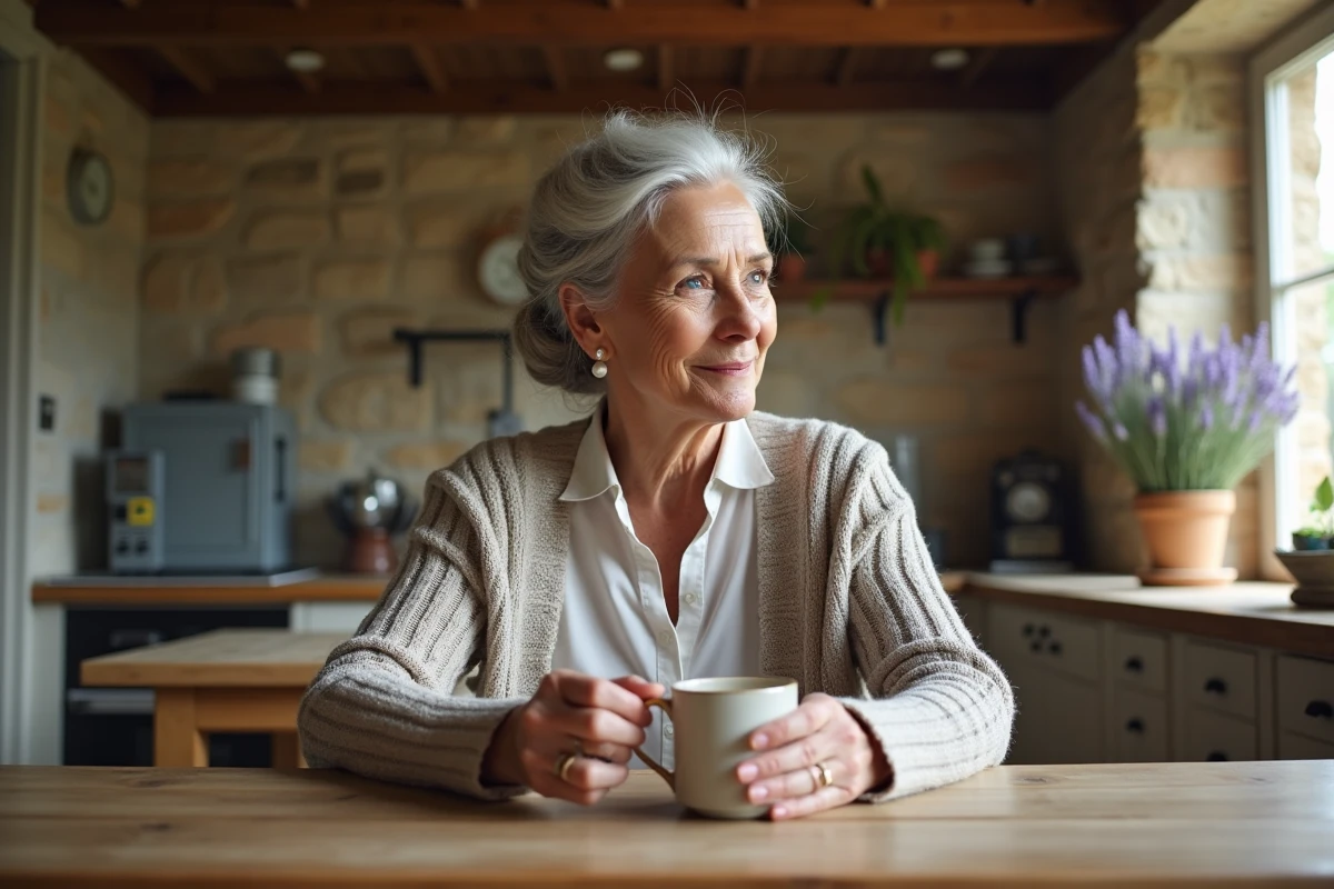 Femme de 70 ans avec un chignon élégant et mèches folles, dans une cuisine de maison de campagne française, coiffure adaptée à un visage carré ou rond